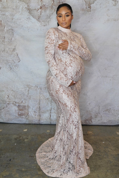 Nude Sheer Maternity Lace Gown, Baby ...